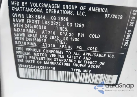 2019 Volkswagen Atlas 2.0T S z USA, uszkodzony, nr VIN 1V2AP2CA9KC586116